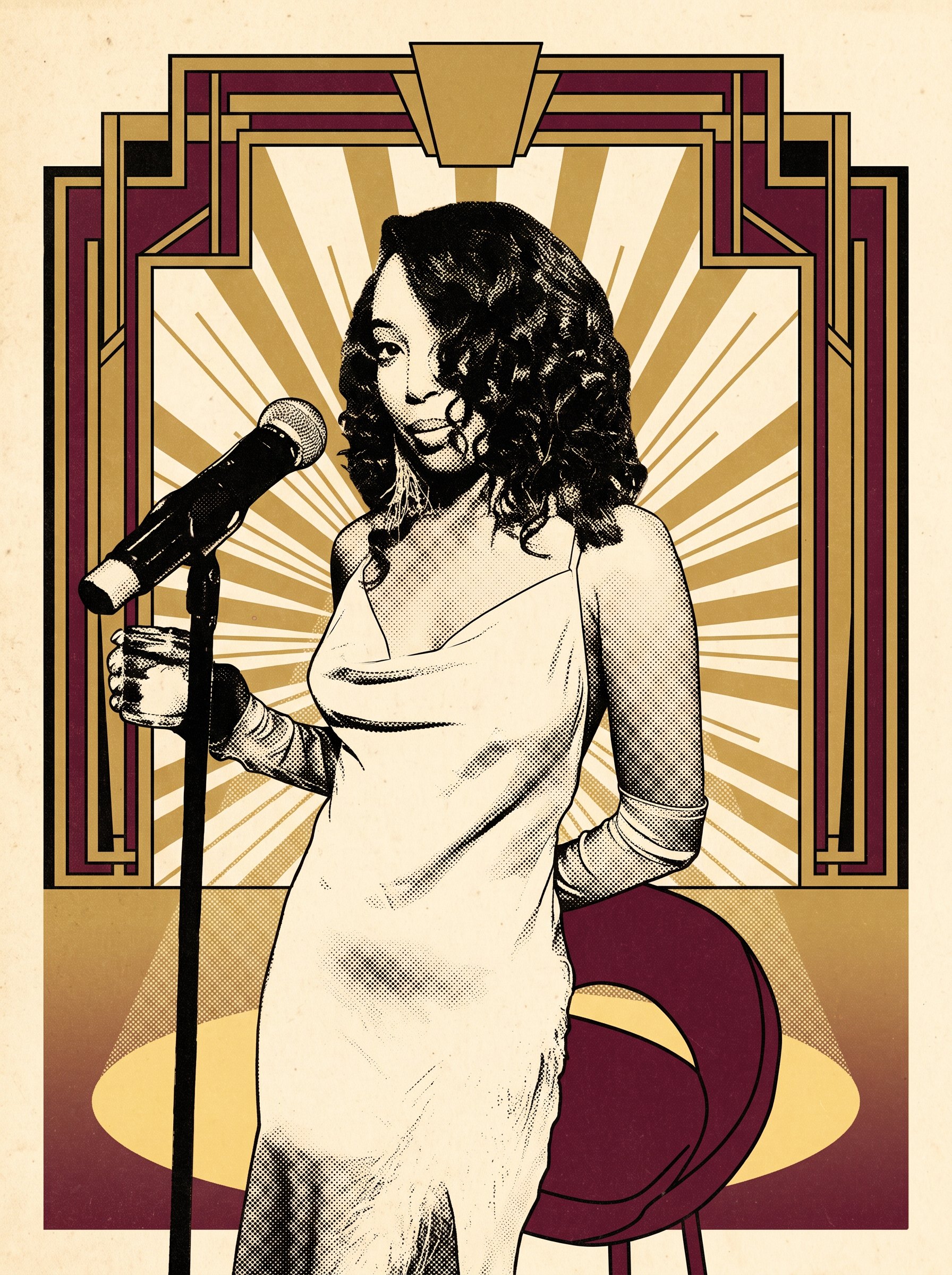 Art Deco poster of Aerie Williams in a white satin gown at a vintage microphone